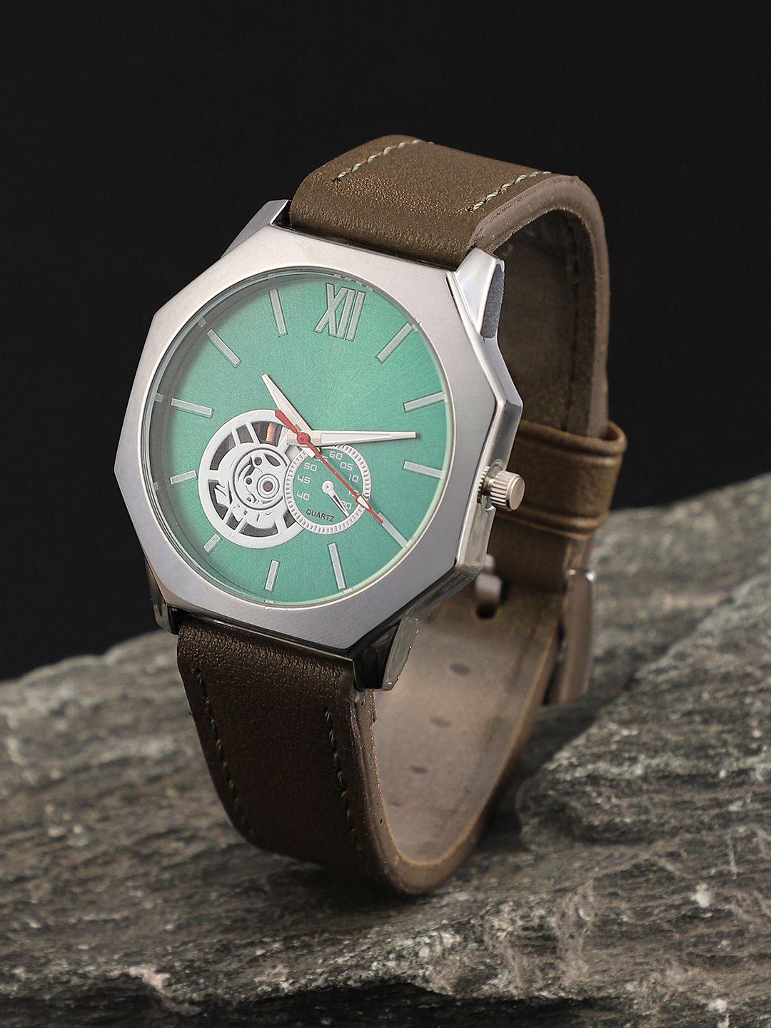 

French Accent Men Embellished Dial & Leather Straps Analogue Watch SS25_FAWC1036, Brown