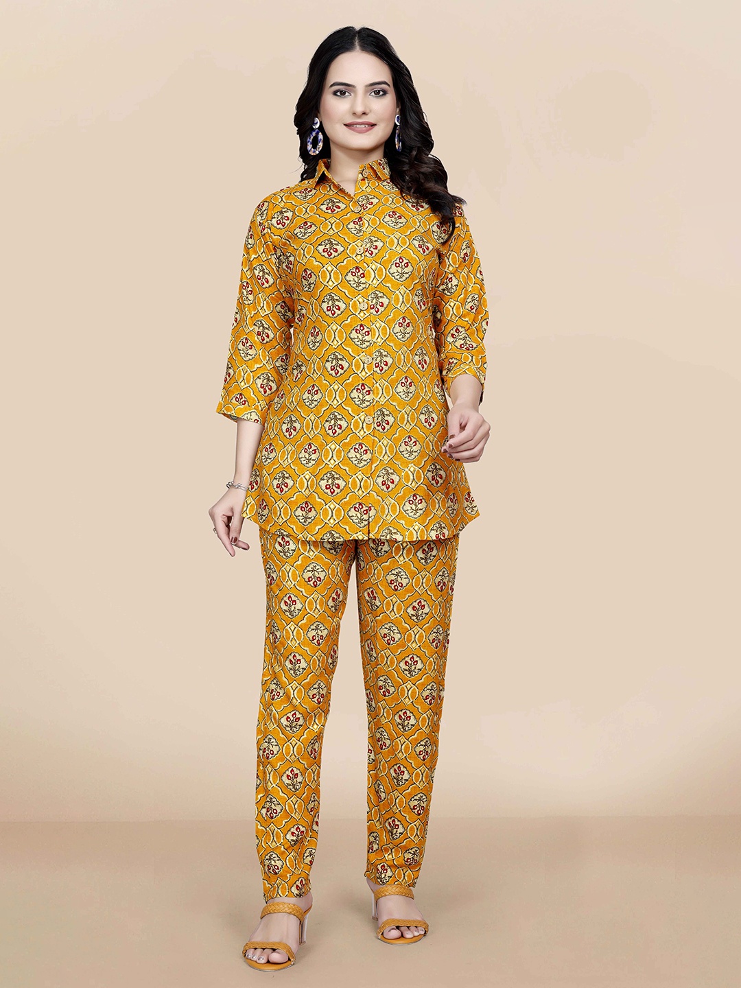 

YOELLA Printed Shirt Collar Top With Trousers Co-Ords Set, Yellow