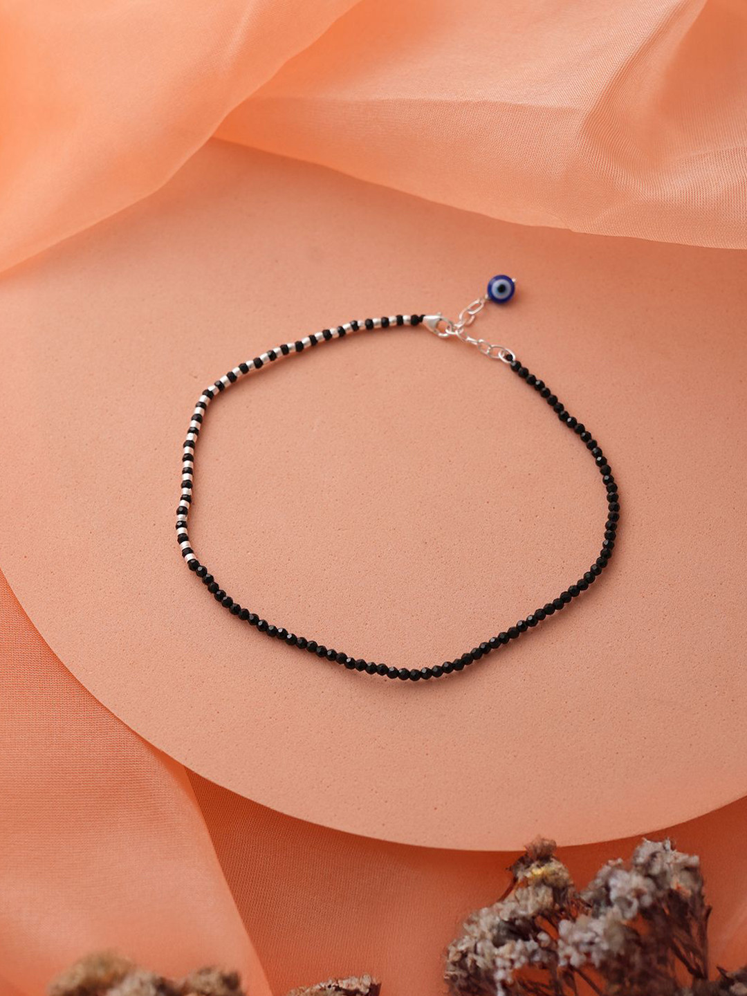 

SARAF SILVERETZ 925 Sterling Silver-Plated Black Artificial Beads Leaf Charms Payal Anklet