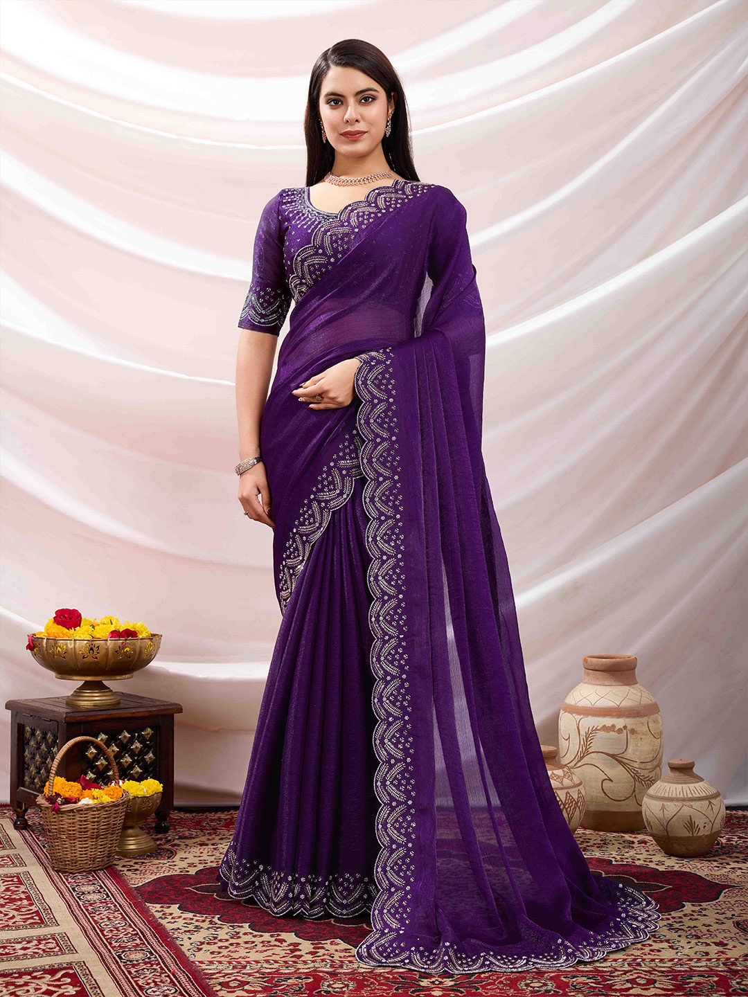 

KIMISHA Embellished Beads and Stones Silk Blend Saree, Purple