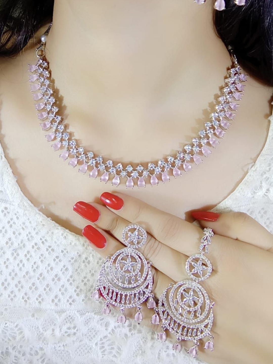 

Ladymania Silver - Plated American Diamond Necklace Set With Maang Tikka, Pink