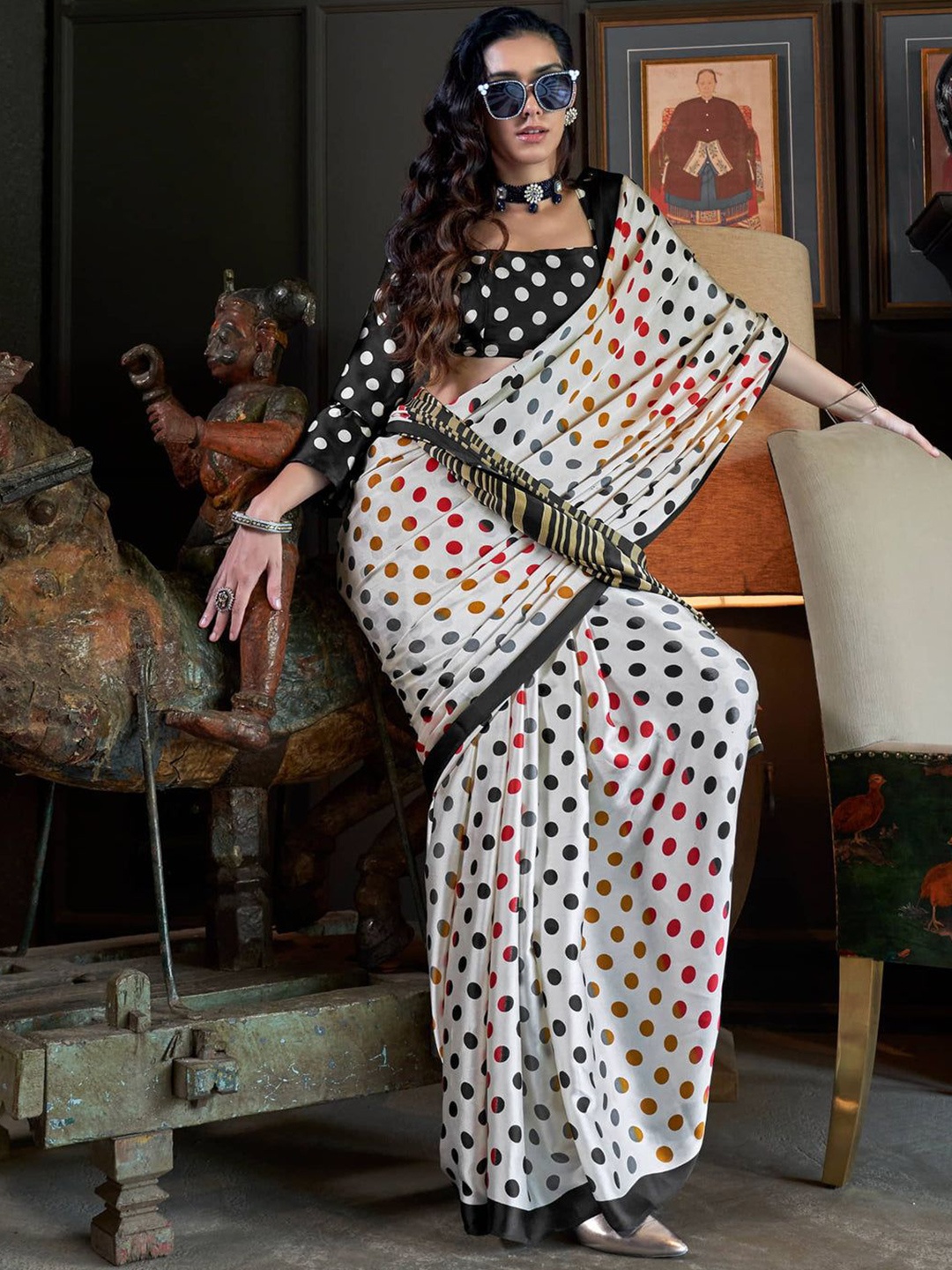 

Swaranjali Polka Dot Satin Ikat Saree, White