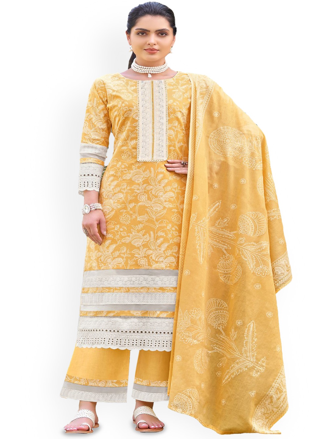 

DRAVINAM Trends Embellished Pure Cotton Unstitched Dress Material, Yellow