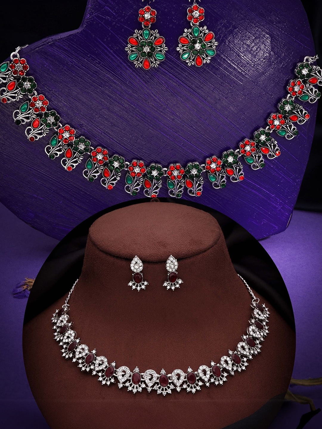 

DIVASTRI Set Of 2 Sliver-Plated American Diamond-Studded Jewellery Set, Silver