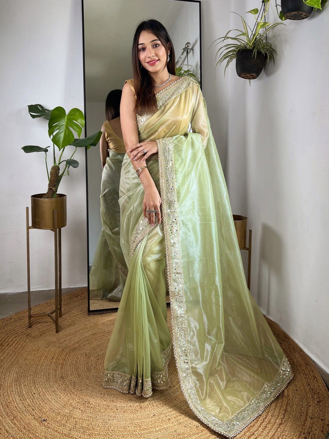 

Mitera Embellished Embroidered Tissue Saree, Green