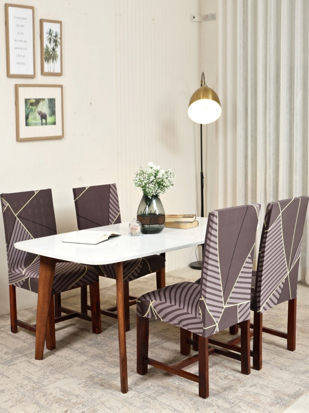 

WOODEN STREET 4-Pcs Grey & Beige Striped Stretchable Chair Covers