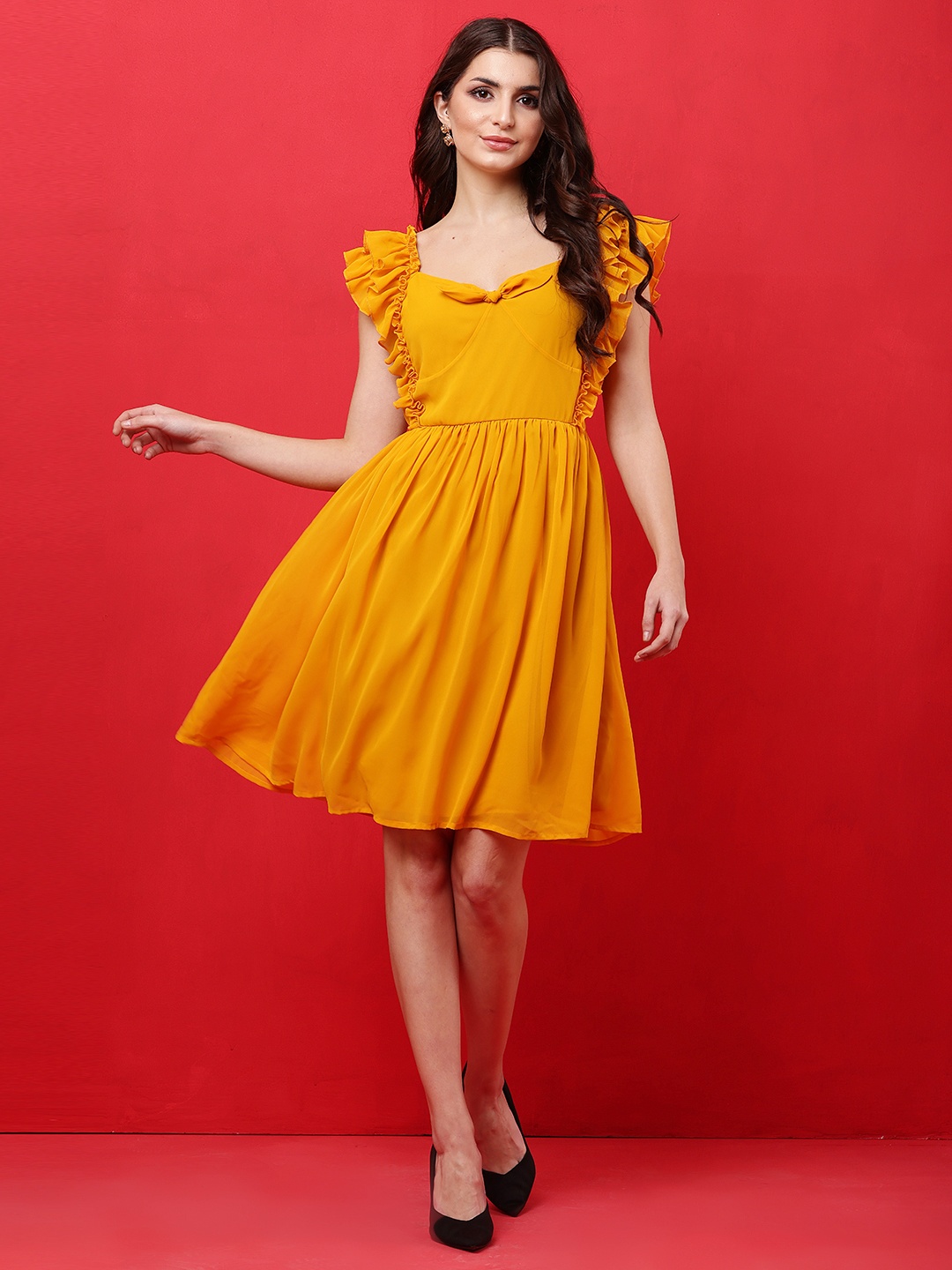 

Tushita Flutter Sleeve Ruffled Georgette Fit & Flare Dress, Mustard