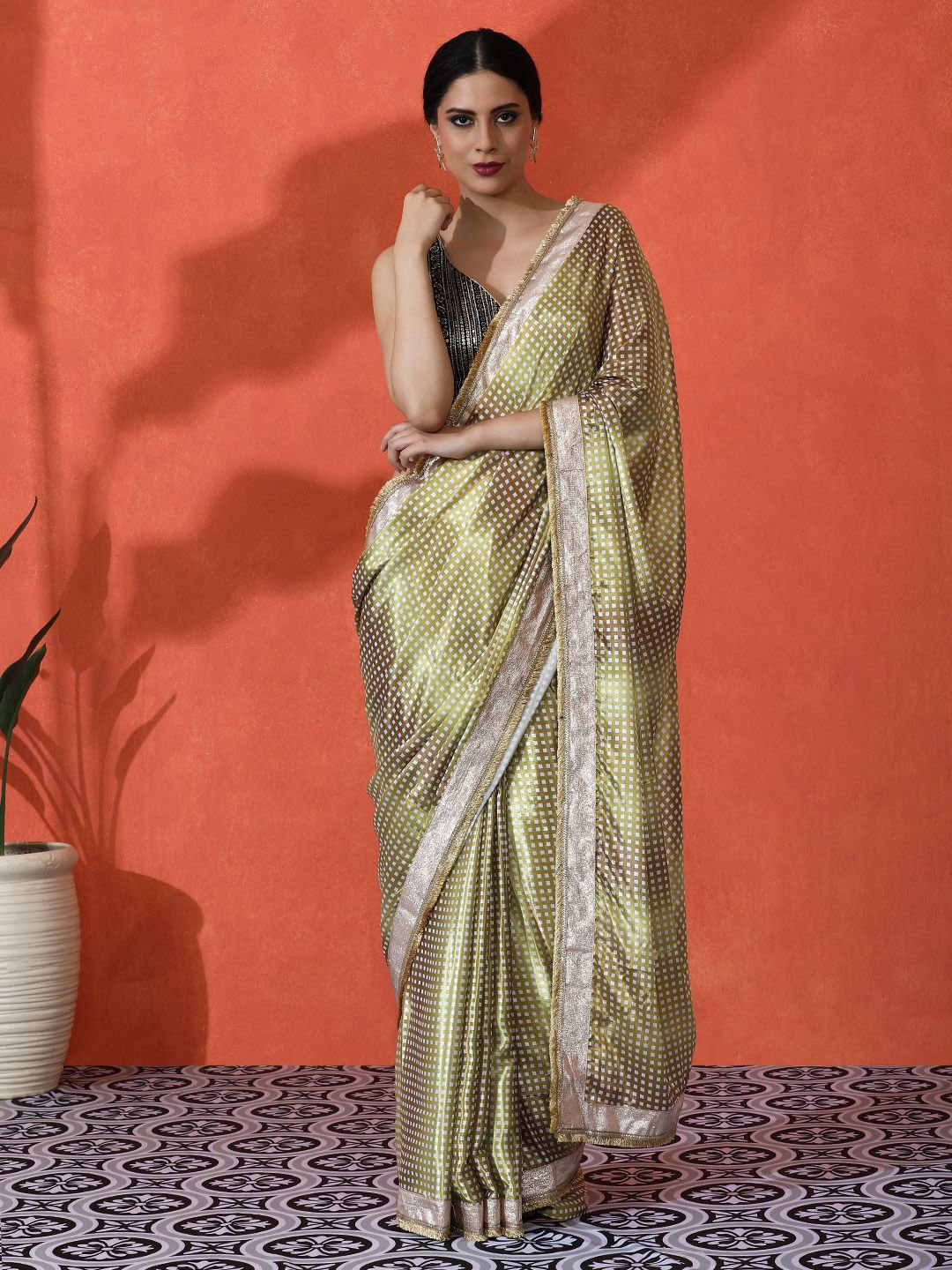 

Sangria Embellished Checked Printed Digital Printed Satin Saree With Blouse Piece, Green