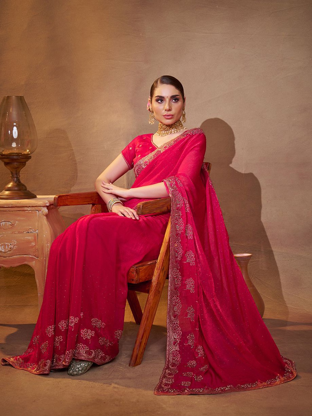 

Mitera Embellished Embroidered Satin Saree, Red
