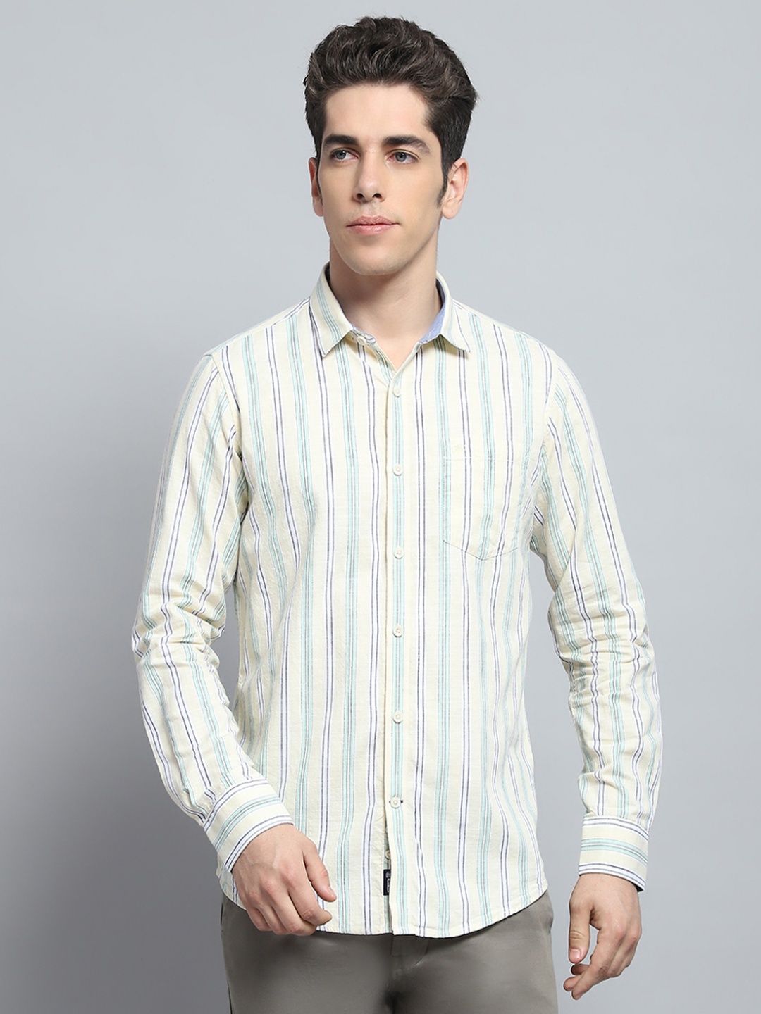 

Monte Carlo Men Opaque Striped Casual Shirt, Orange