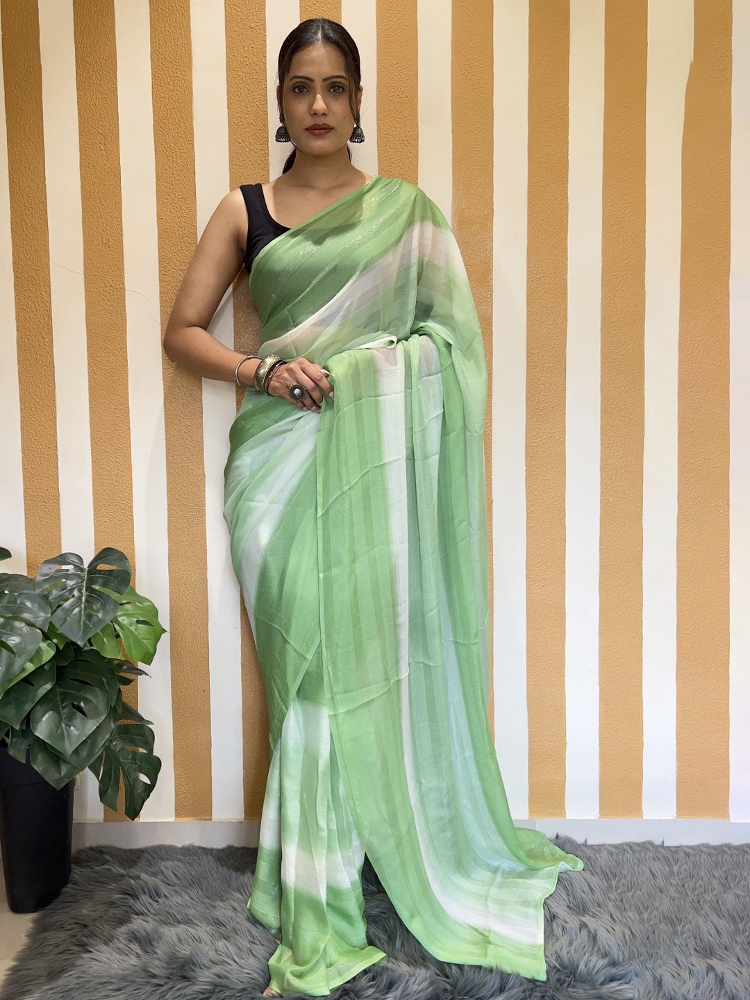 

Rangtulika Ethnics Striped Poly Georgette Ready to Wear Saree, Green