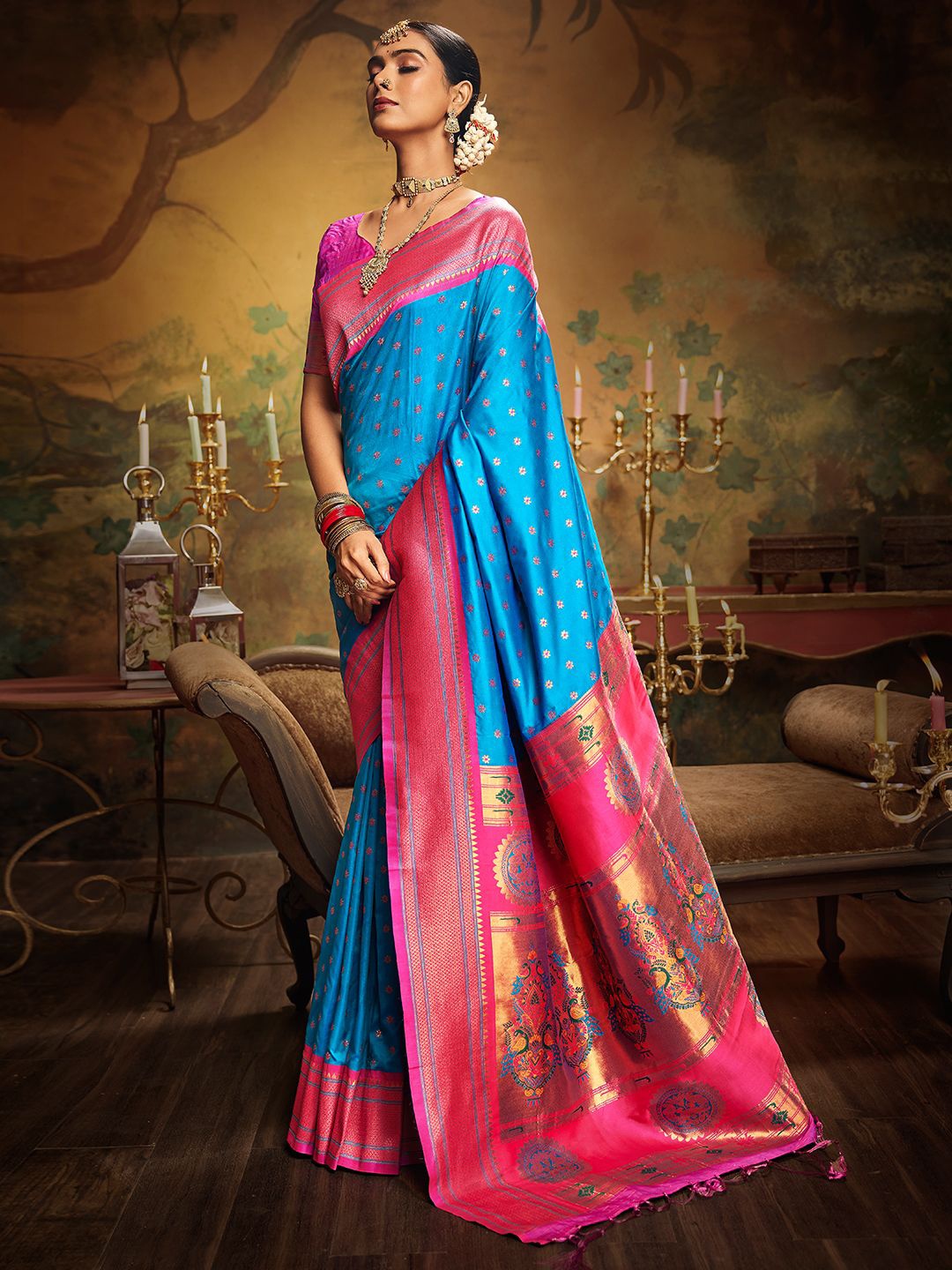 

LeeliPeeri Designer Woven Design Zari Silk Blend Paithani Saree, Blue