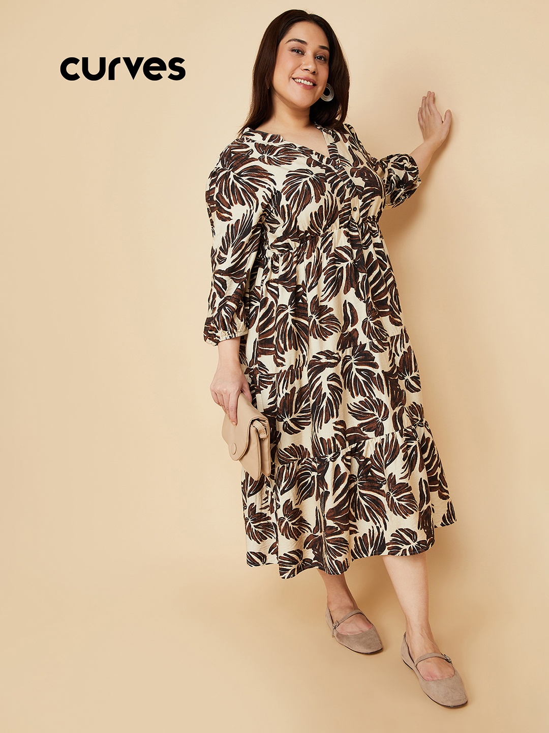 

Max Women Plus Size Floral Print A-Line Midi Dress, Beige