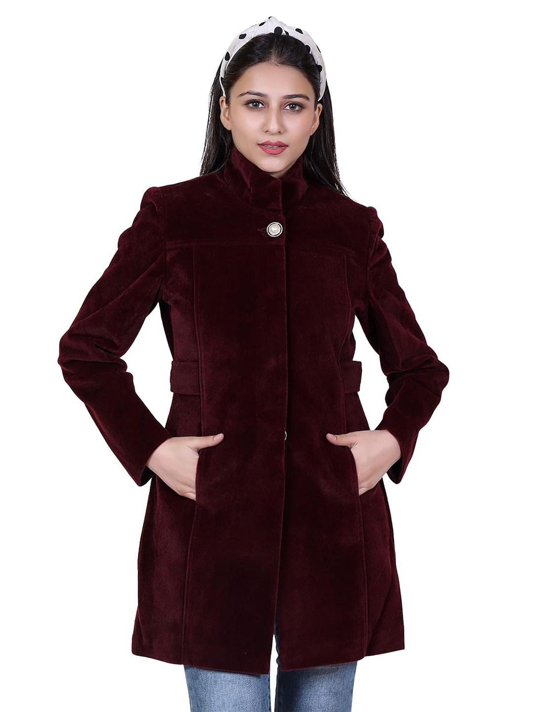 

COMFY SPARROW High Collared Neck Single-Breasted Overcoat, Burgundy