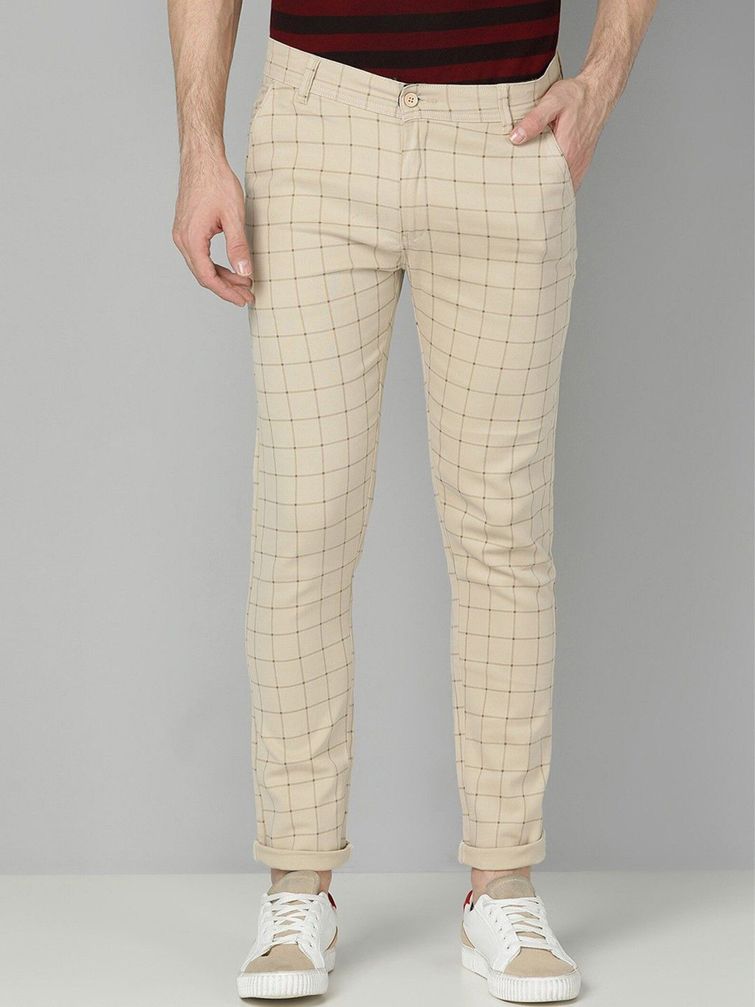 

PulseIQ Men Checked Slim Fit Easy Wash Trousers, Cream