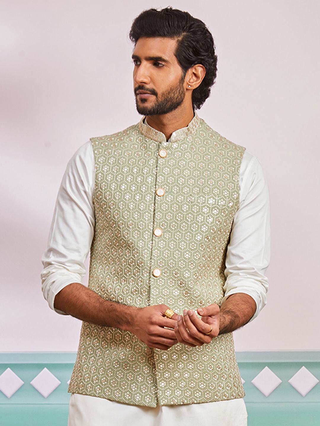 

VASTRAMAY Slim Fit Embroidered Mandarin Collar Nehru Jacket, Green