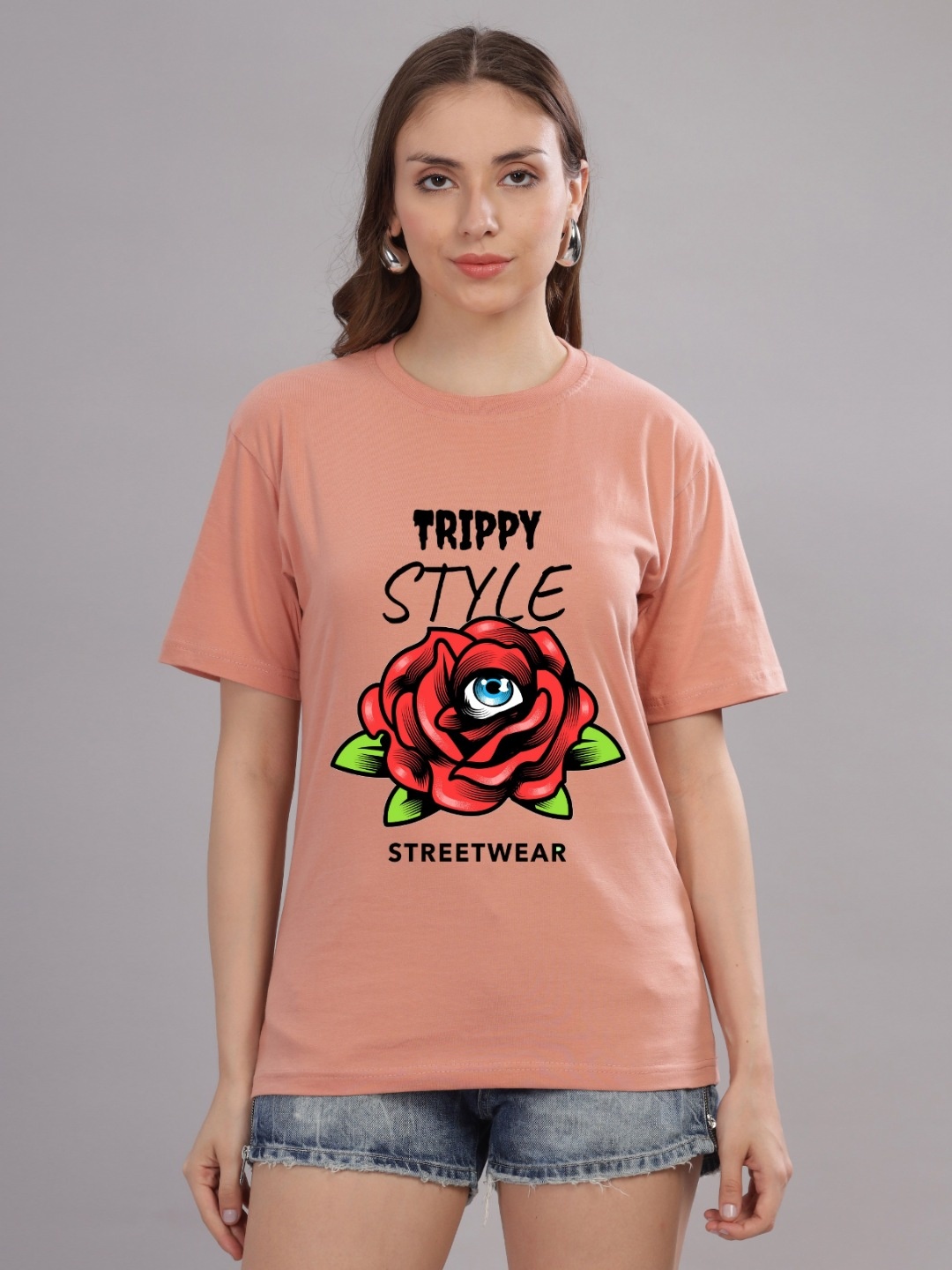 

FALTU.CO Women Printed Drop-Shoulder Sleeves Pure Cotton T-shirt, Peach