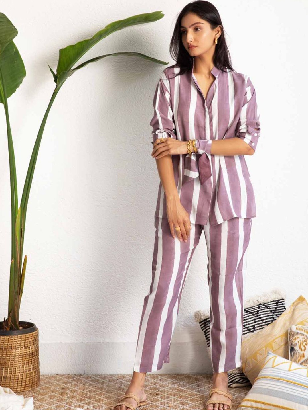 

Jade & Julie Striped Pure Cotton Shirt & Trouser Co-Ord Set, Purple