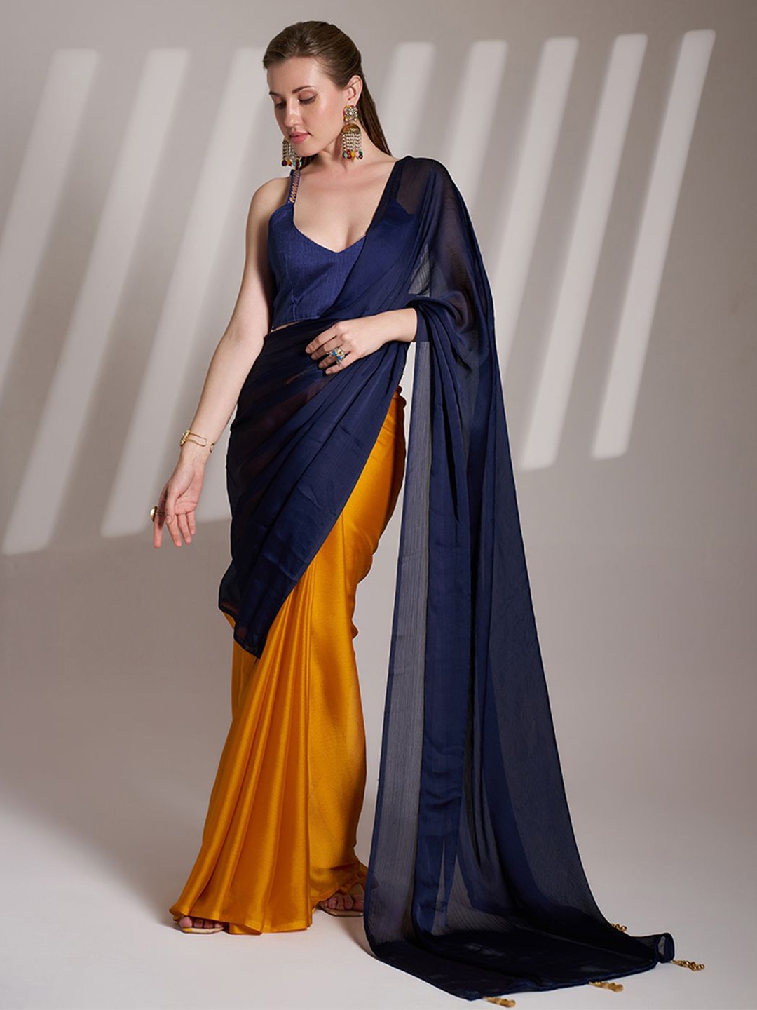 

modeva Colourblocked Satin Ready to Wear Saree, Navy blue