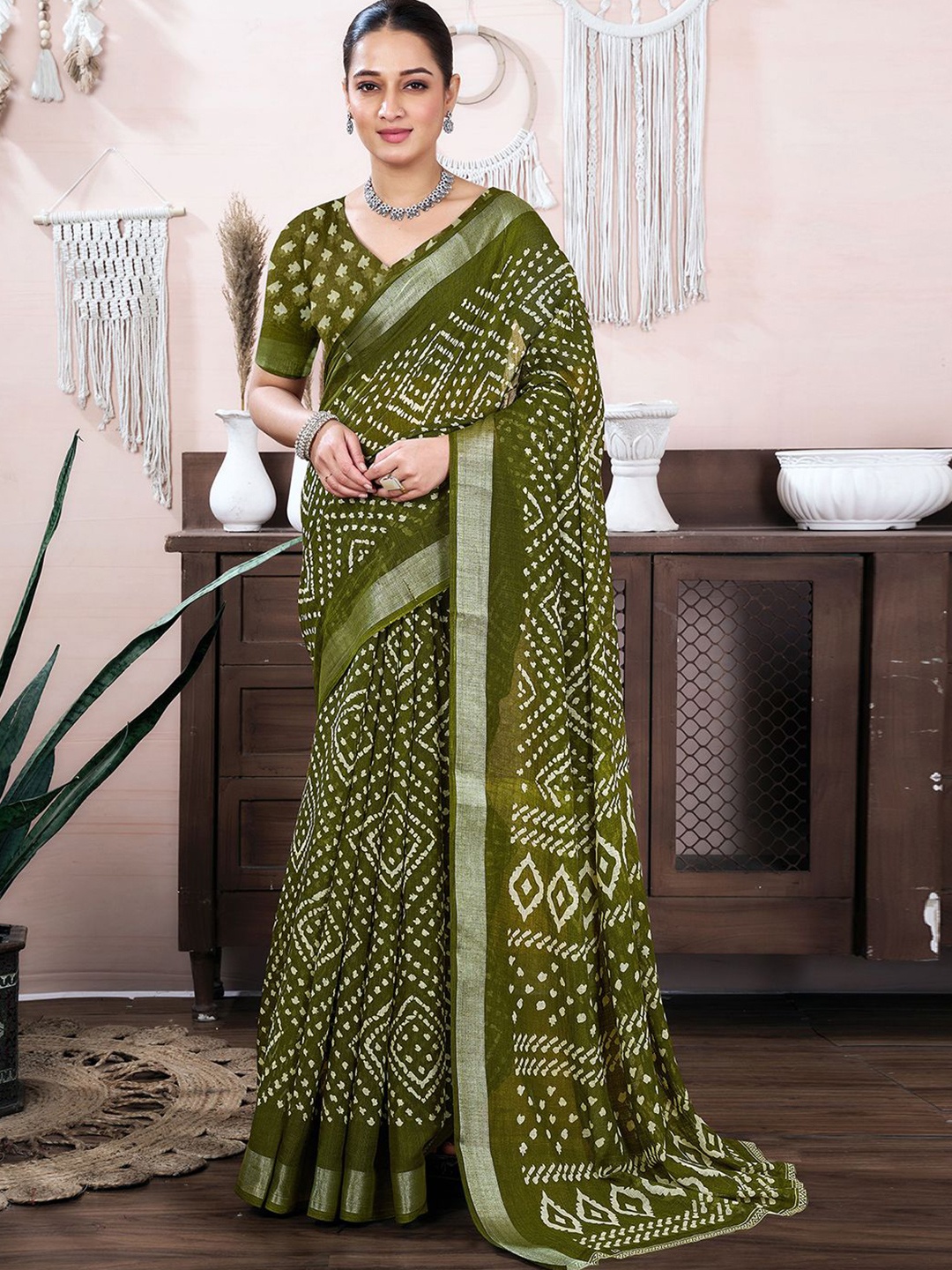 

KALINI Zari Bandhani Saree, Olive