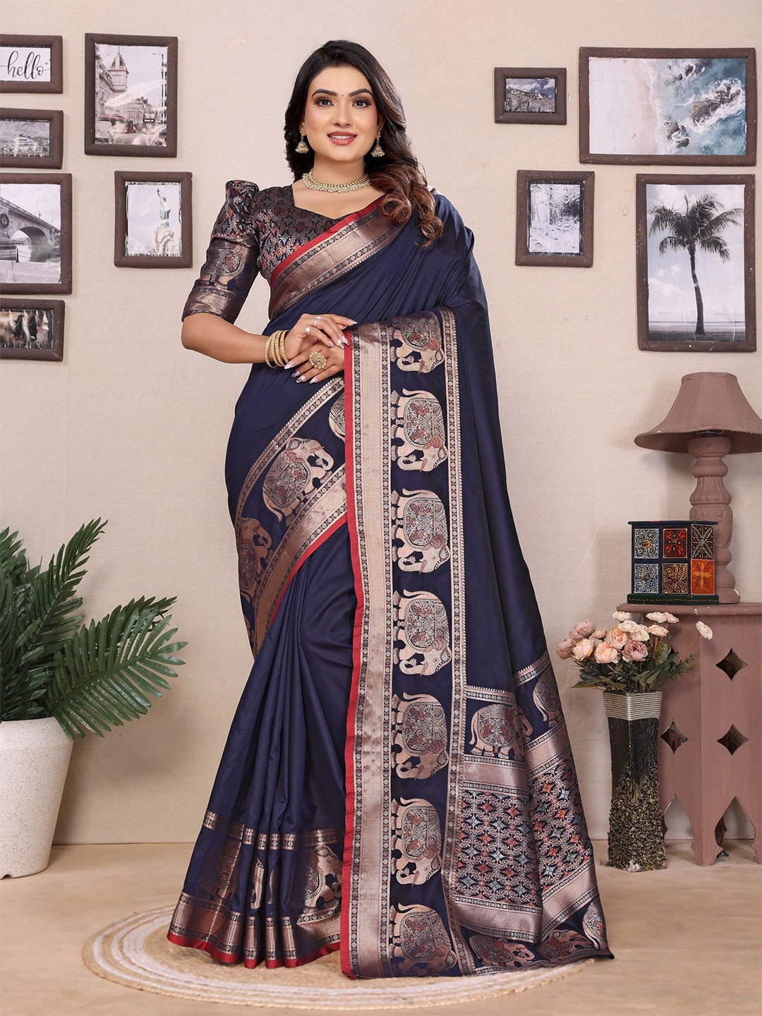 

DIVASTRI Woven Design Zari Silk Blend Saree, Navy blue