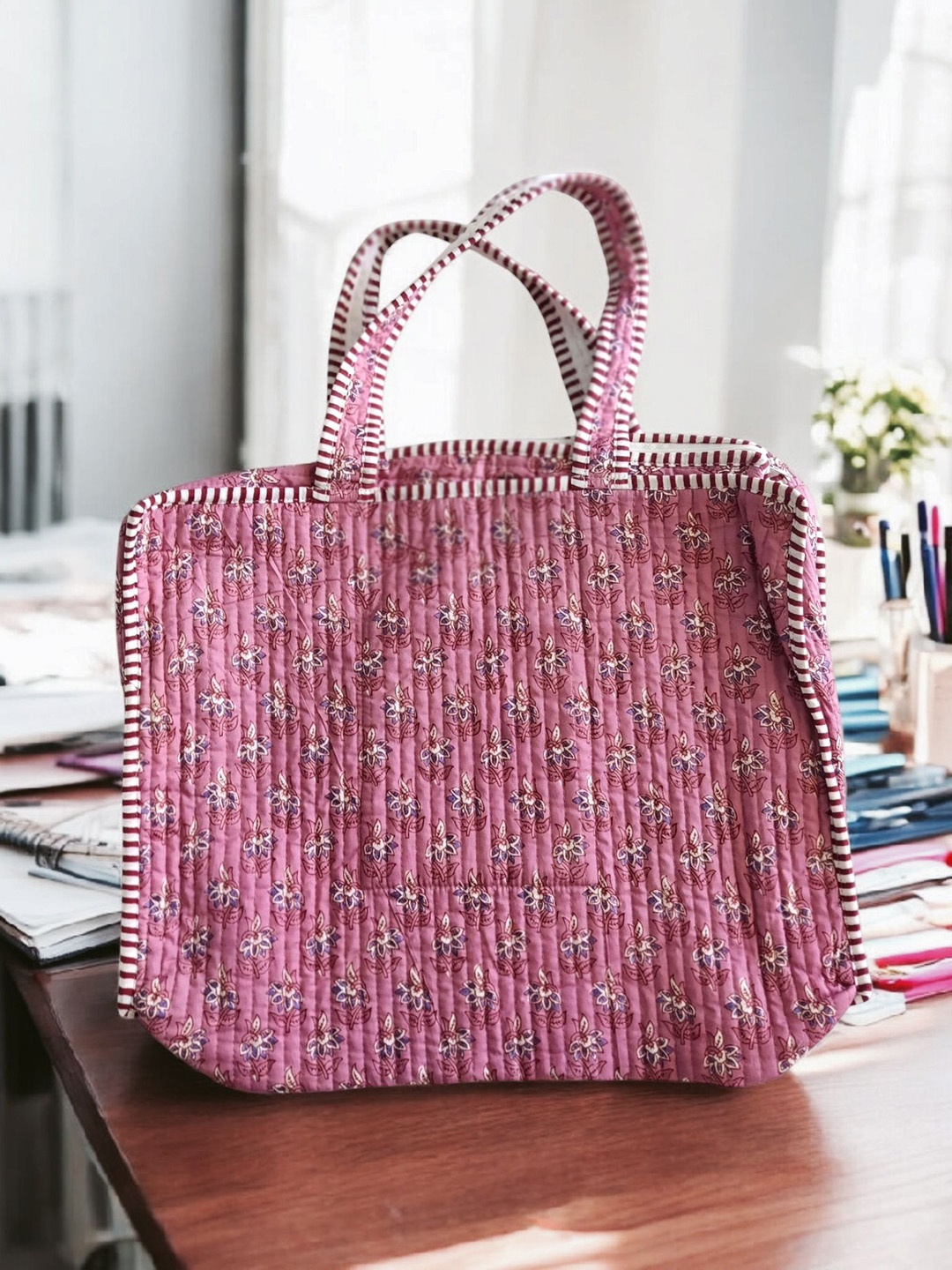 

Feels Like Home Floral Printed Tote Bag with Quilted, Pink