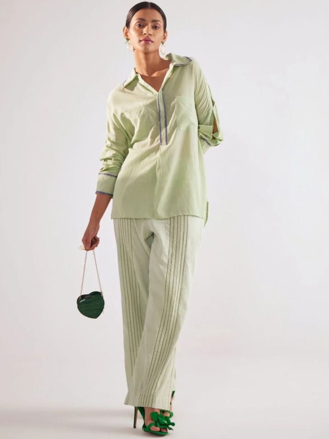 

Western Era Women Striped Relaxed Straight Leg High-Rise Trousers, Green