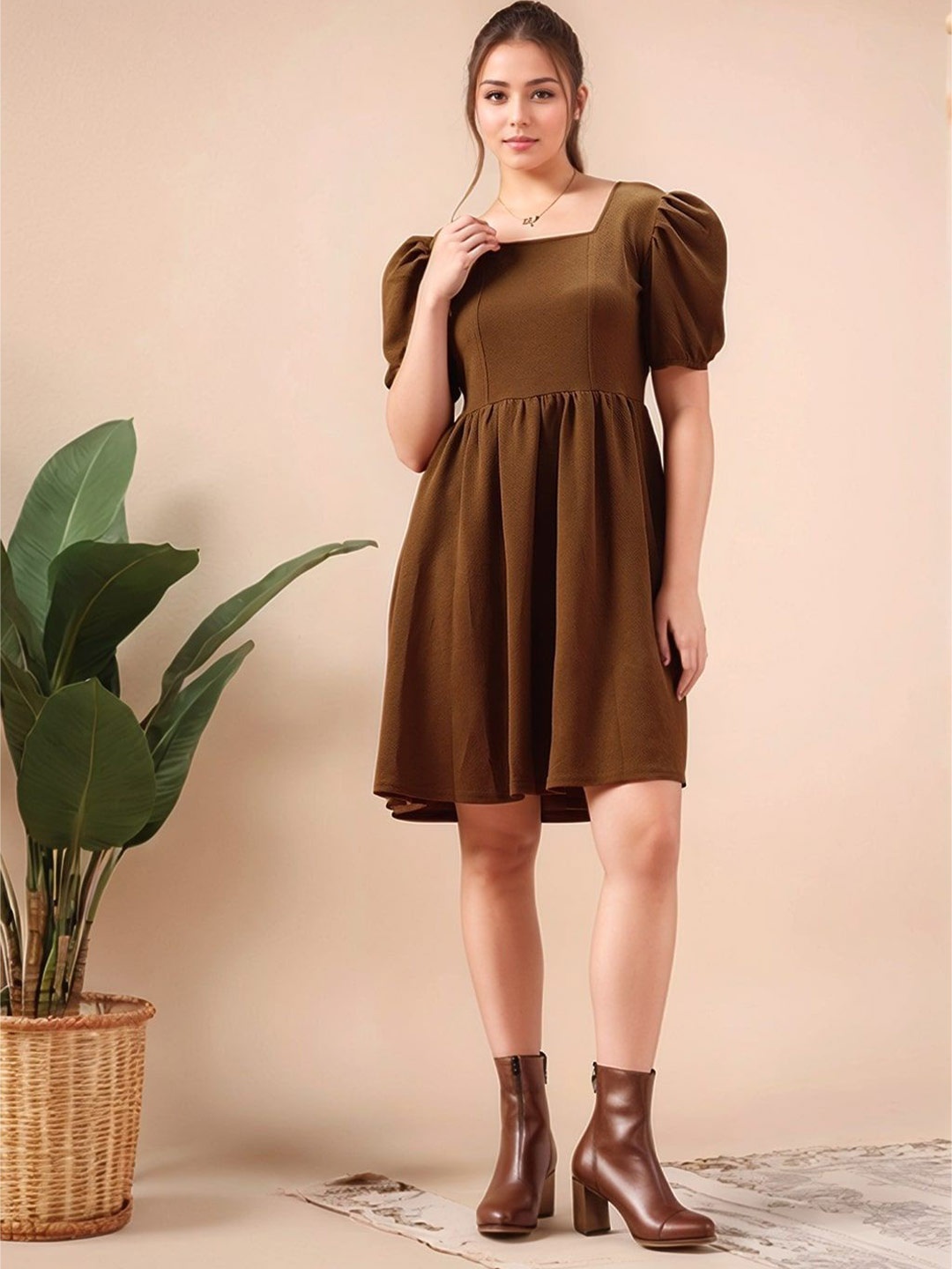 

Mast & Harbour Puff Sleeve Fit & Flare Dress, Coffee brown
