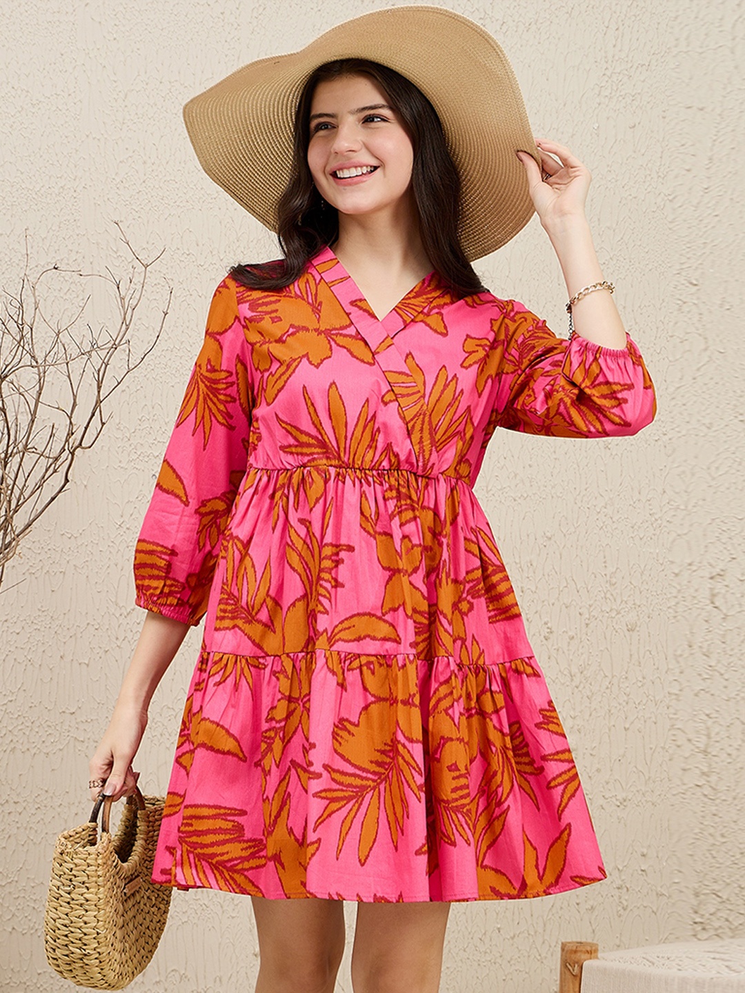 

ZUMMER Floral Print Puff Sleeve Fit & Flare Dress, Pink
