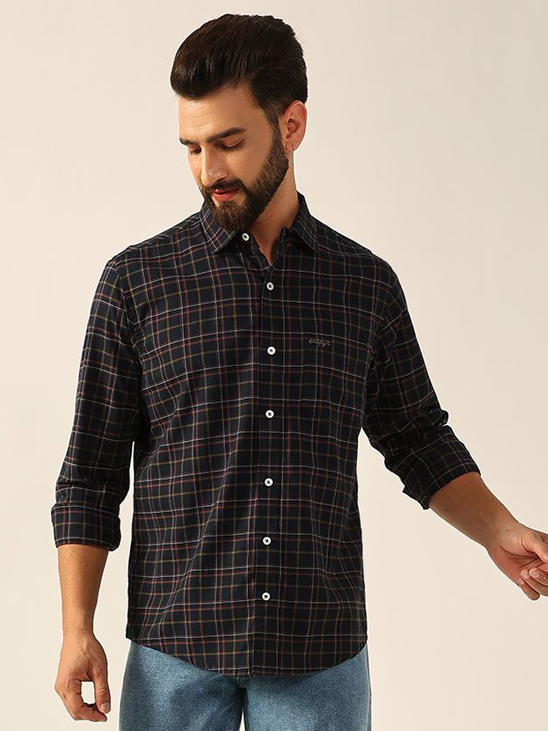 

ENSPYR Men Opaque Checked Casual Shirt, Navy blue