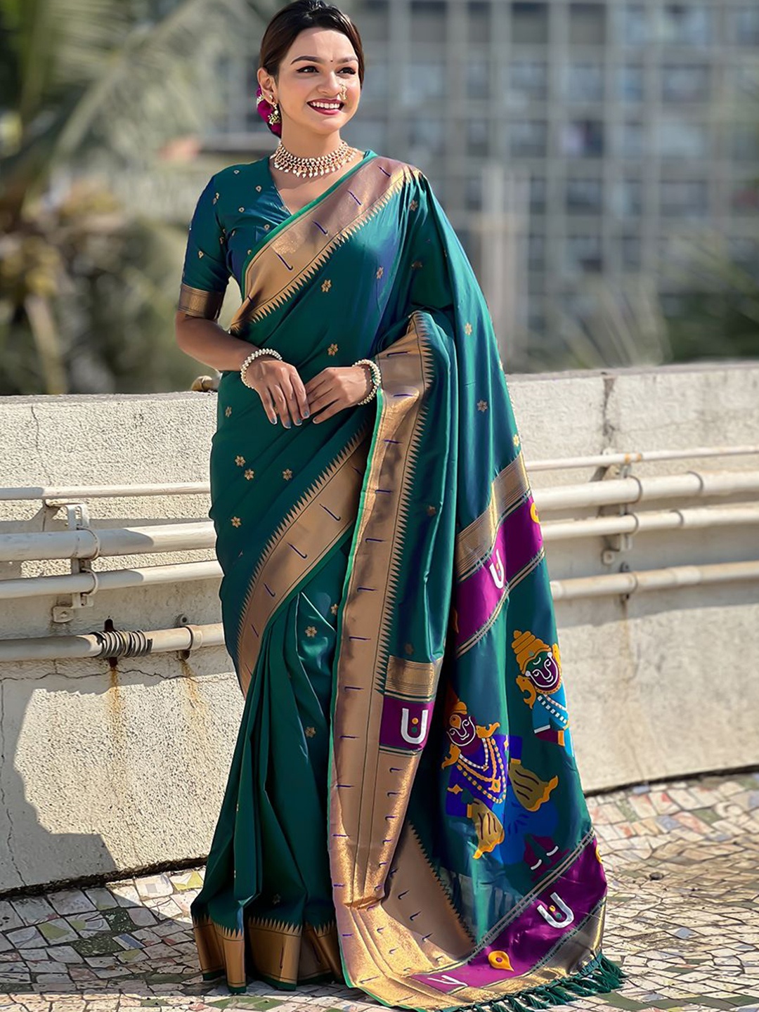 

all about you Woven Design Zari Silk Blend Paithani Saree, Green