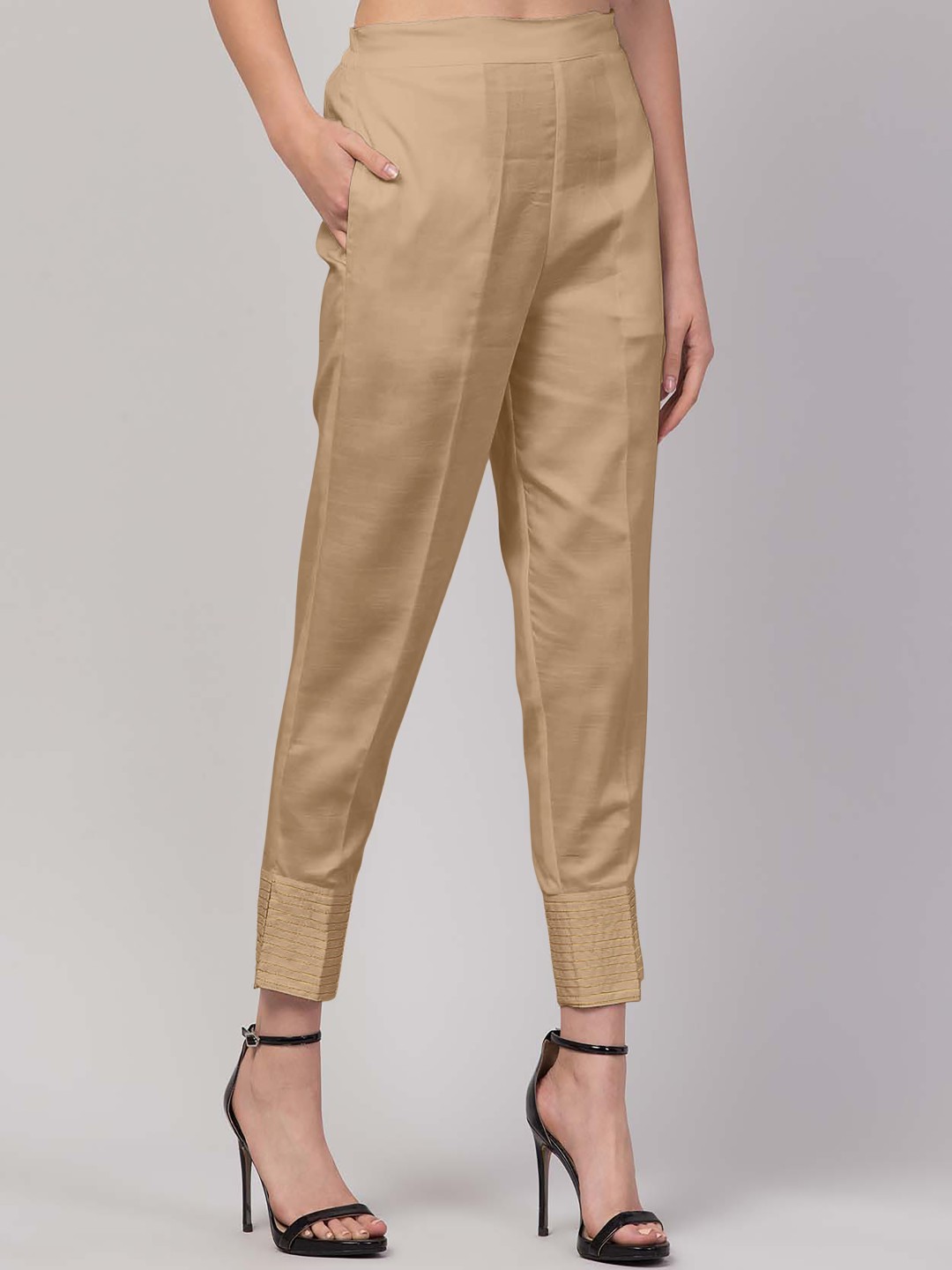 

FLOREOS Women Textured Embroidered Comfort Easy Wash Trousers, Rose gold