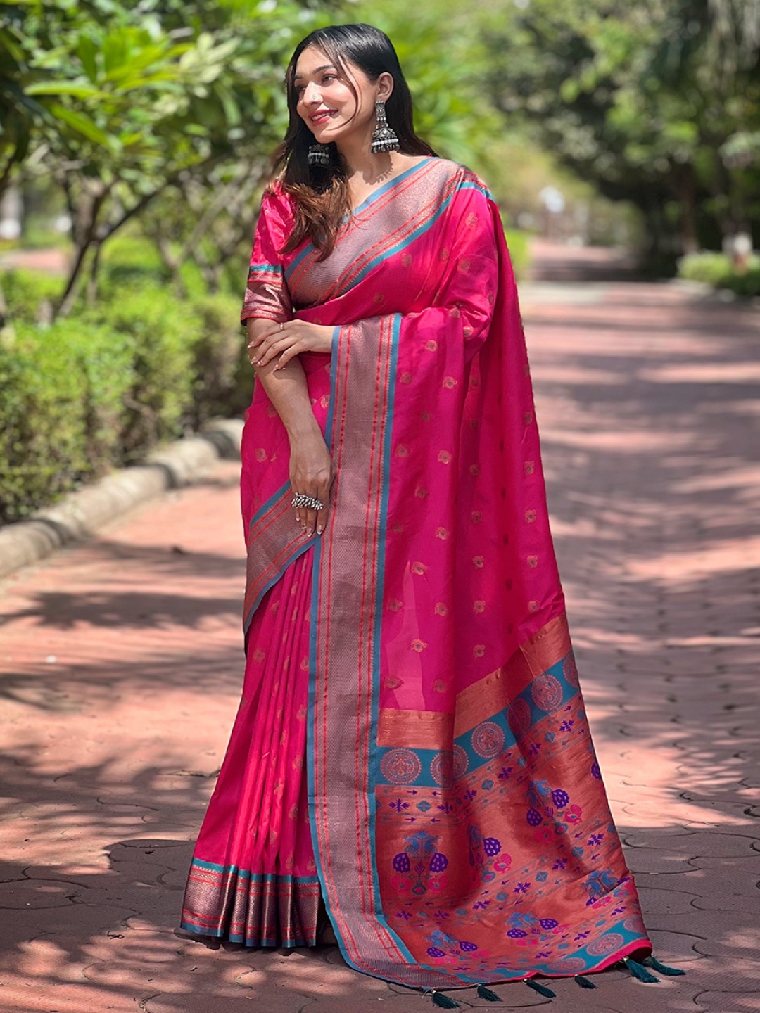 

all about you Woven Design Zari Silk Blend Paithani Saree, Pink