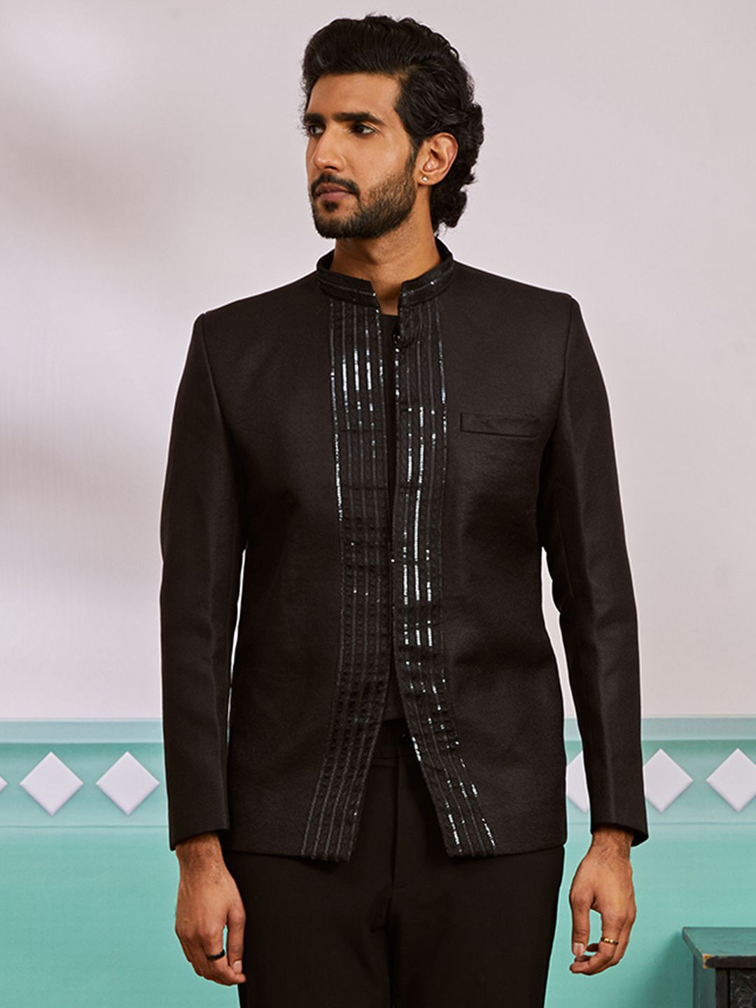 

Vastramay Mandarin Collar Embroidered Sequined Bandhgala Blazer, Black