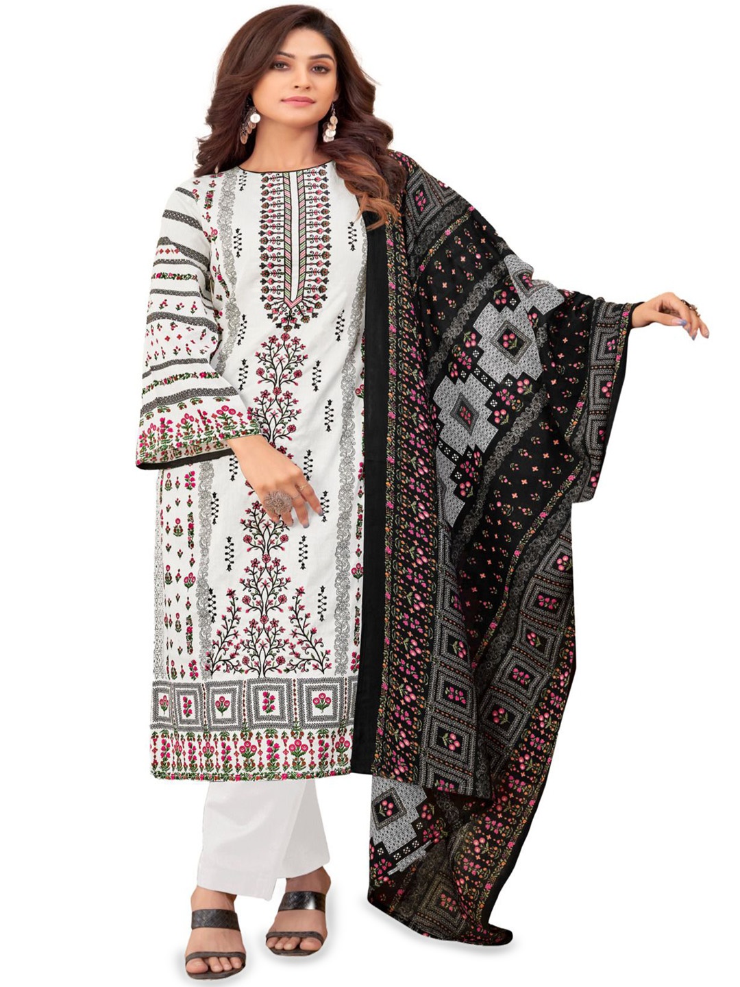 

DRAVINAM Trends Embroidered Pure Cotton Unstitched Dress Material, White