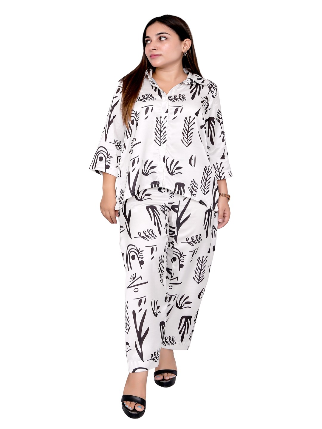 

Kaajal by Vidhi Floral Printed Lapel Colar Shirt With Trousers, White