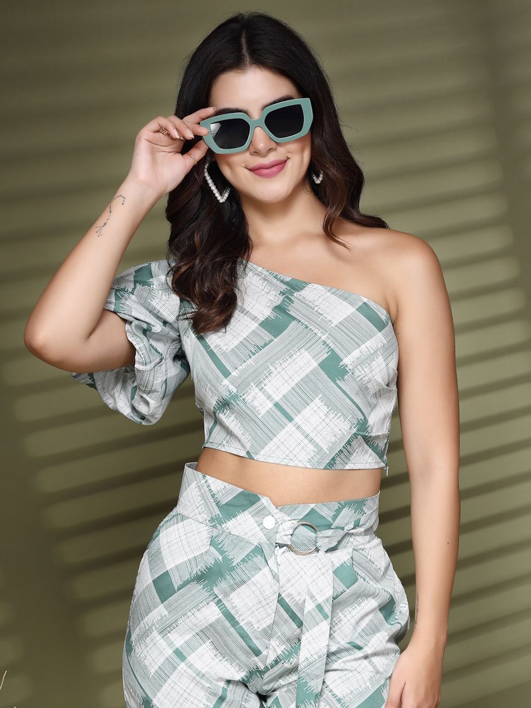 

DressBerry Floral Print One Shoulder Crepe Crop Top, Green