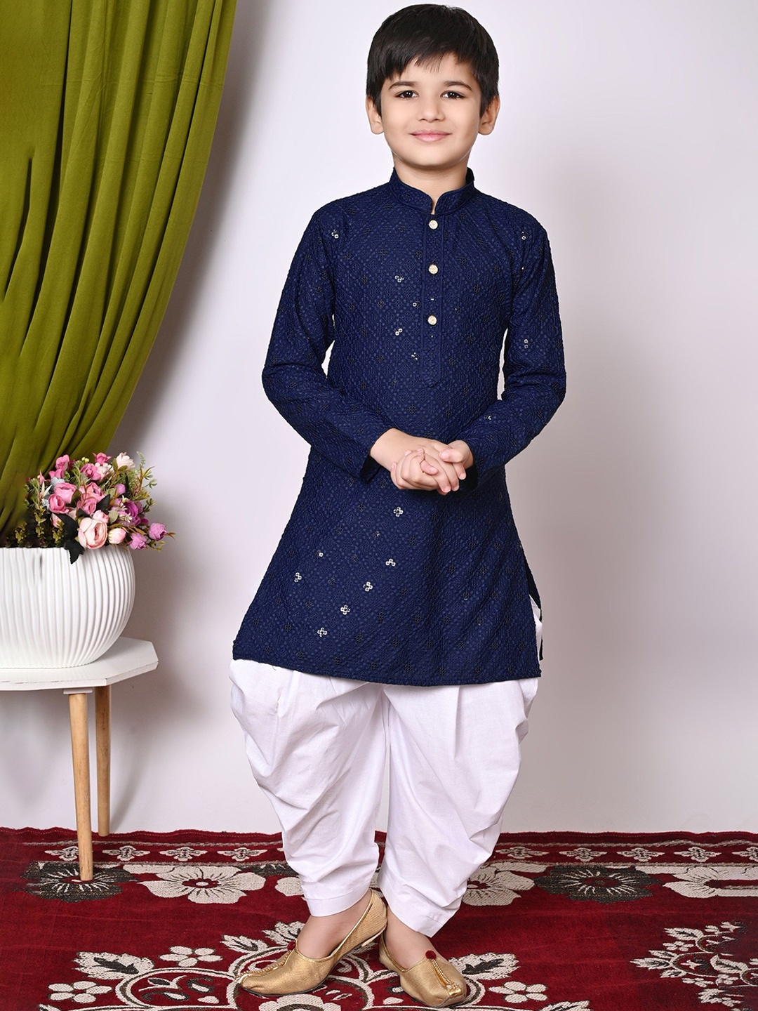 

NFC CREATION Boys Embroidered Regular Sequinned Kurta with Patiala, Navy blue