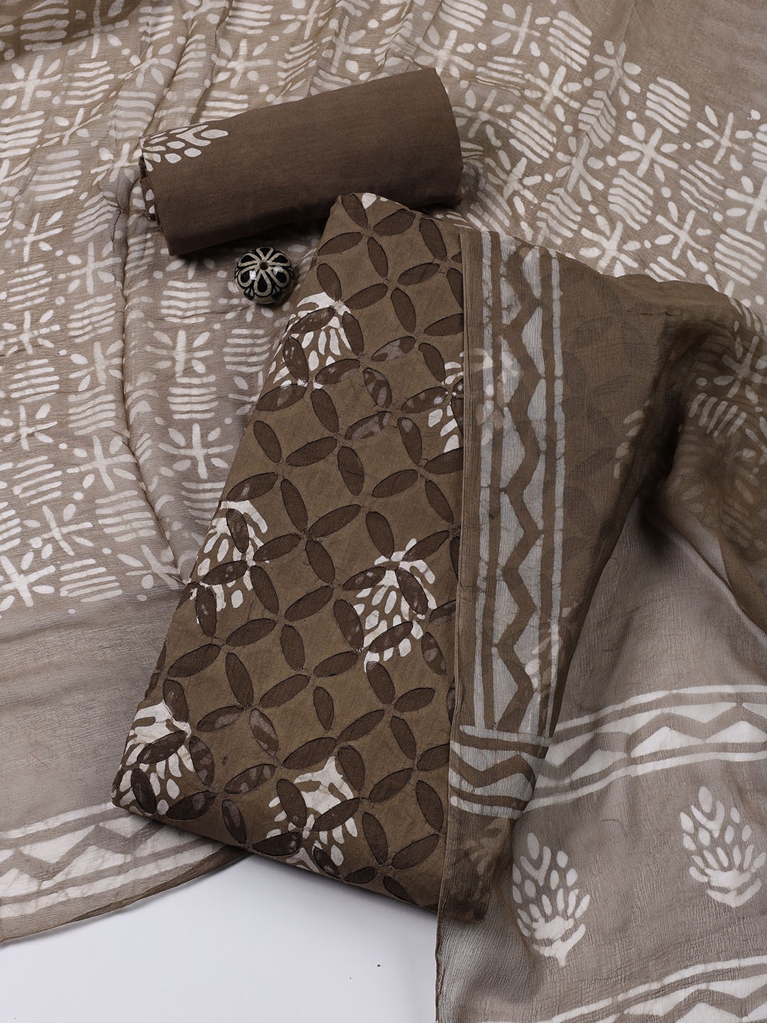 

Meena Bazaar Printed Art Silk Unstitched Dress Material, Brown