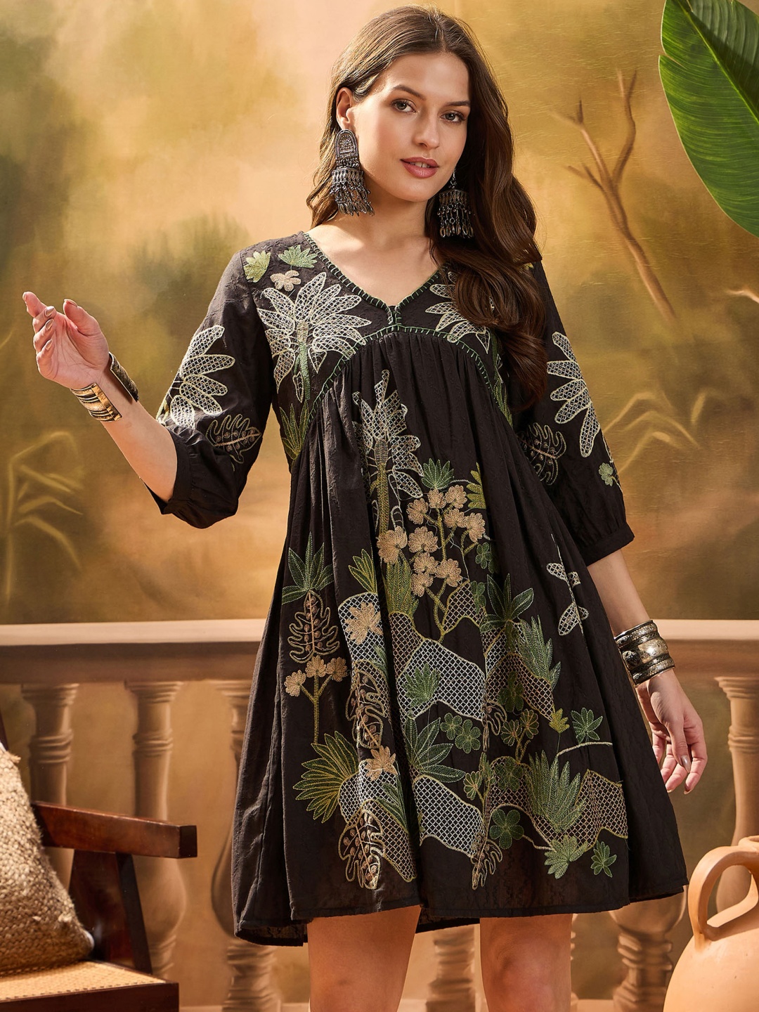 

Sangria Embroidered Cotton A-Line Mini Dress, Black