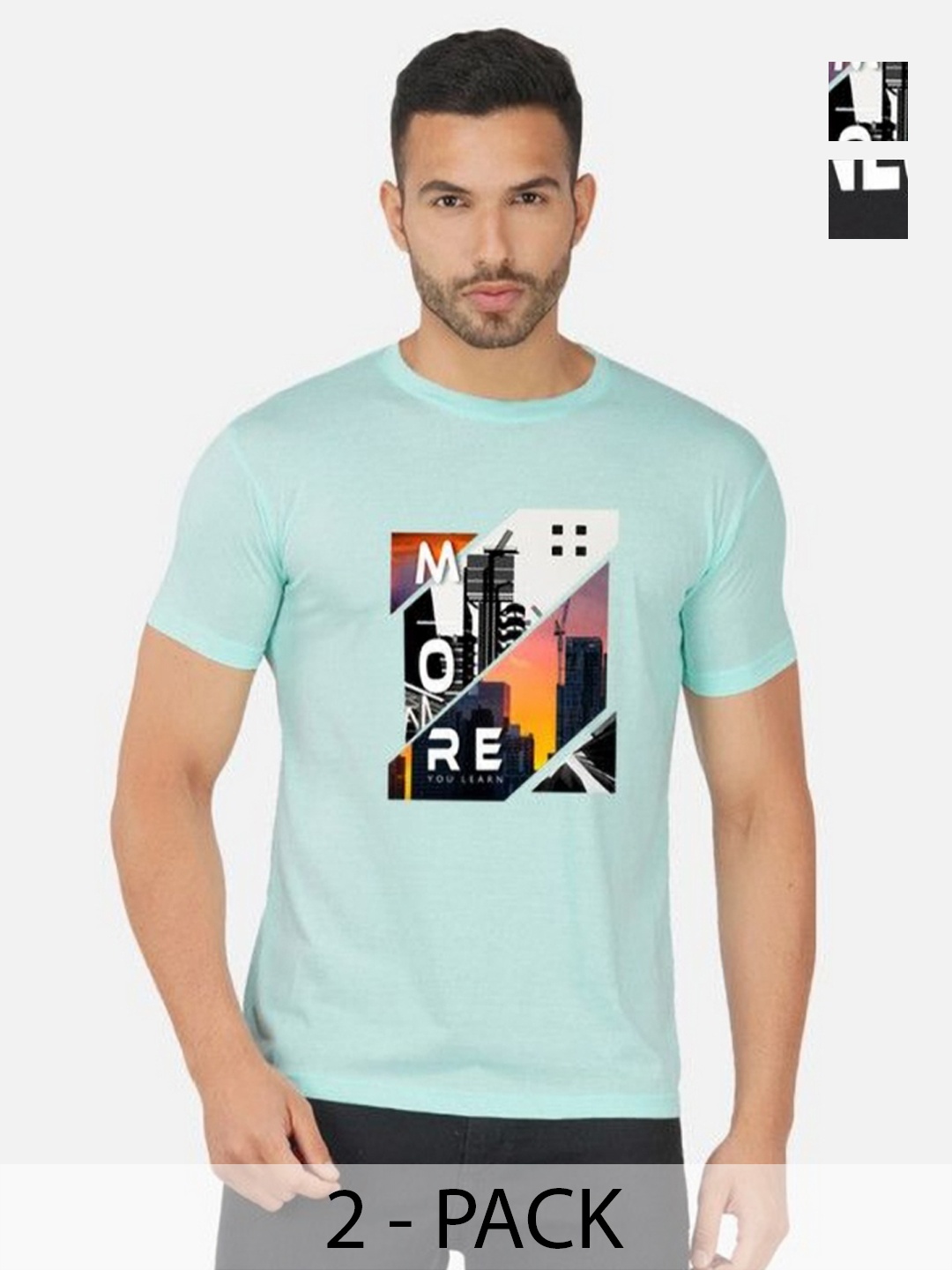 

GLOBAL NOMAD Men 2 Printed Bio Finish Applique T-shirt, Turquoise blue
