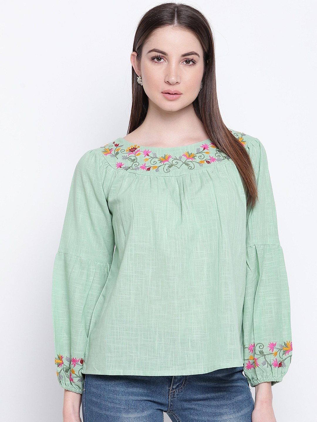 

DressBerry Bishop Sleeves Cotton Top, Green