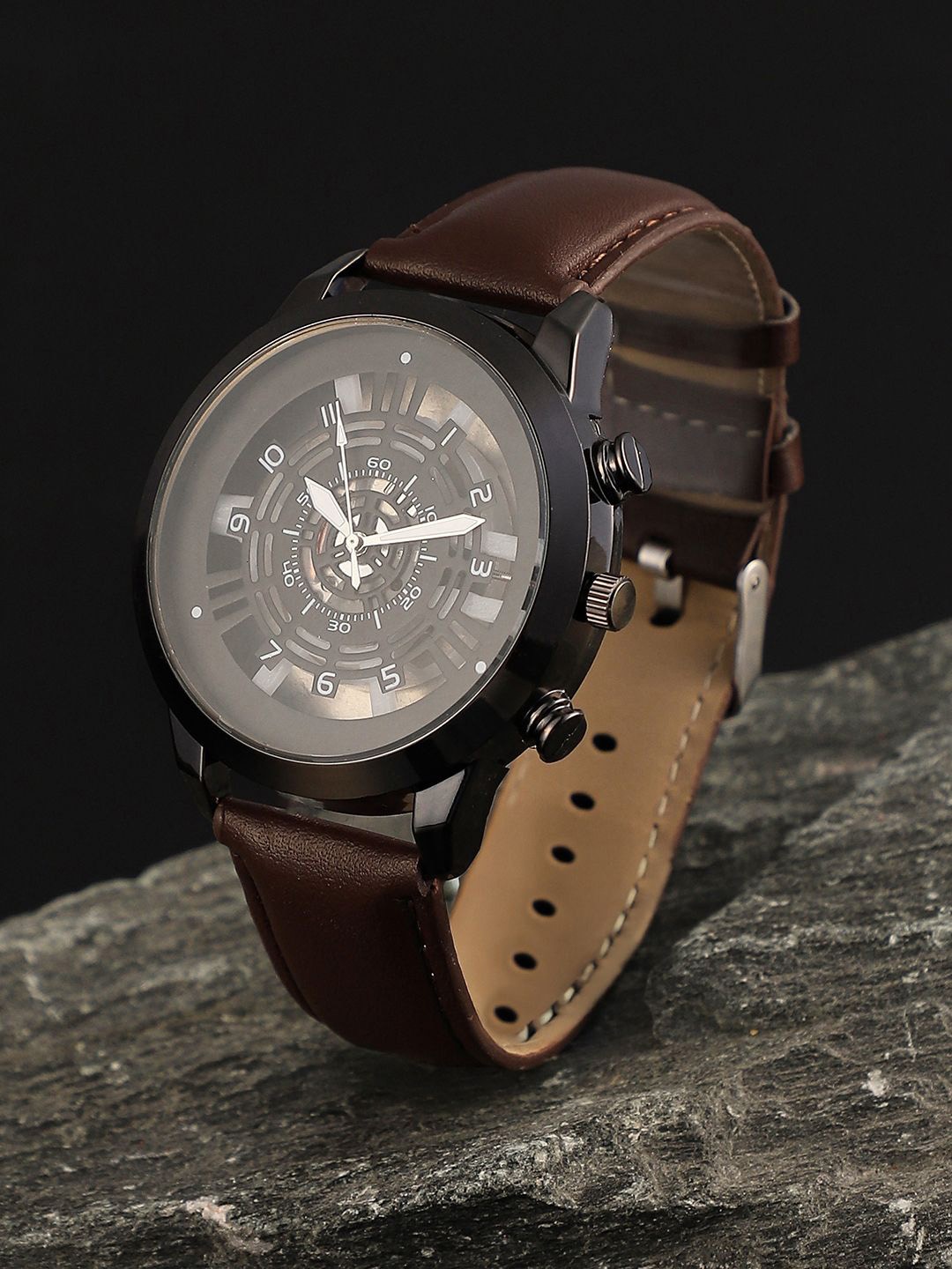 

French Accent Men Dial & Leather Bracelet Style Straps Analogue Watch SS25_FAWC1067, Brown