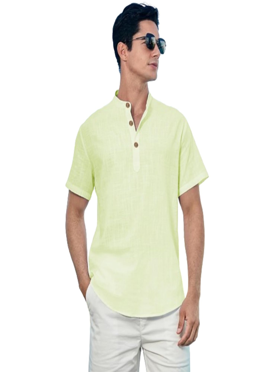 

EdinWolf Band Collar Cotton Straight Kurta, Sea green