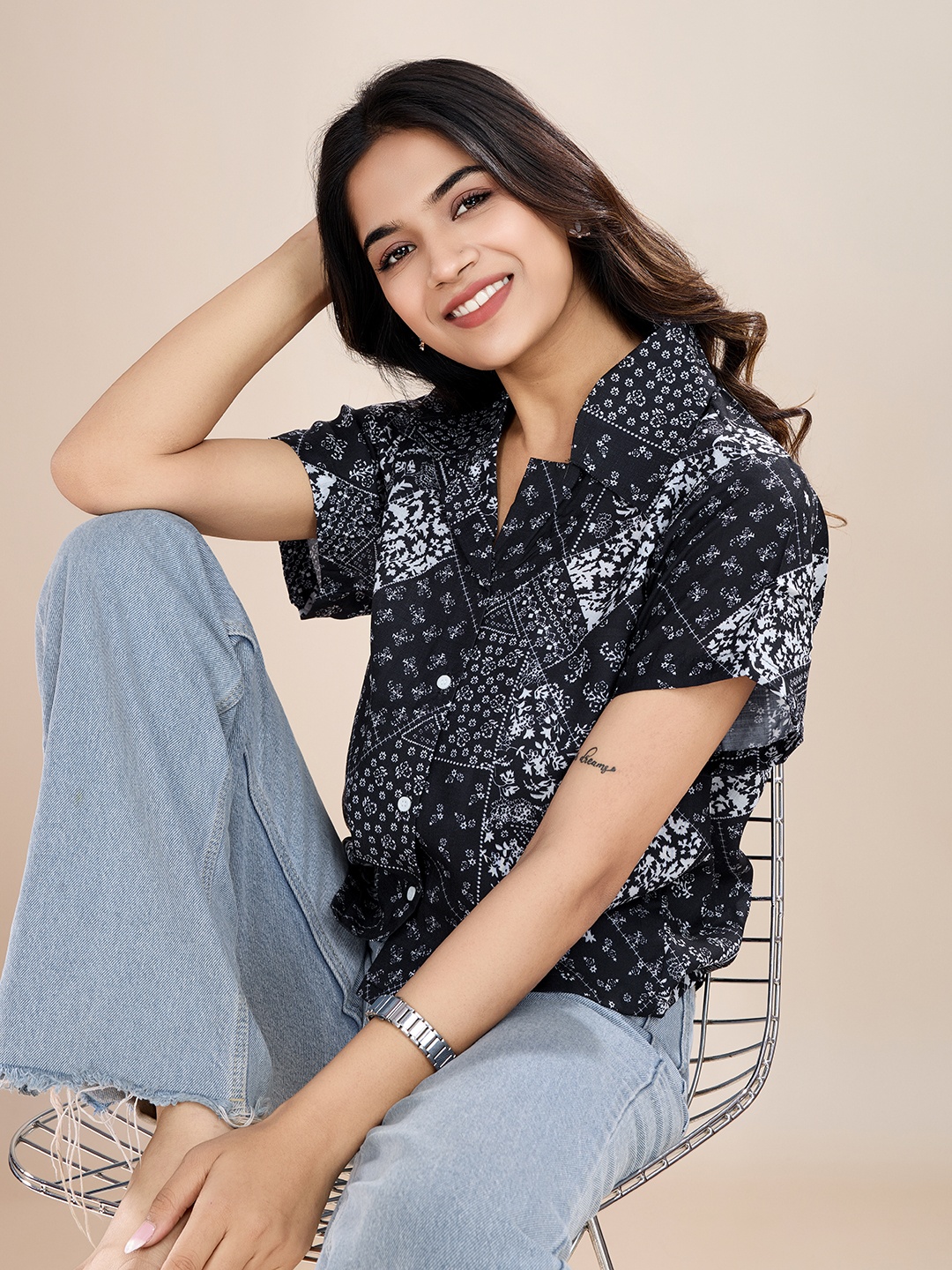 

HOUSE OF MIRA Women Comfort Floral Opaque Casual Shirt, Black