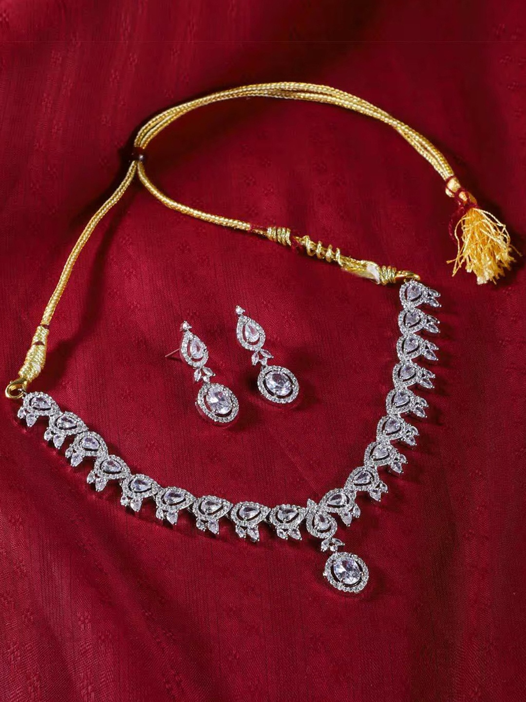 

Rangrozo Jewellery Sliver-Plated Artificial Stones Studded Jewellery Set, Gold
