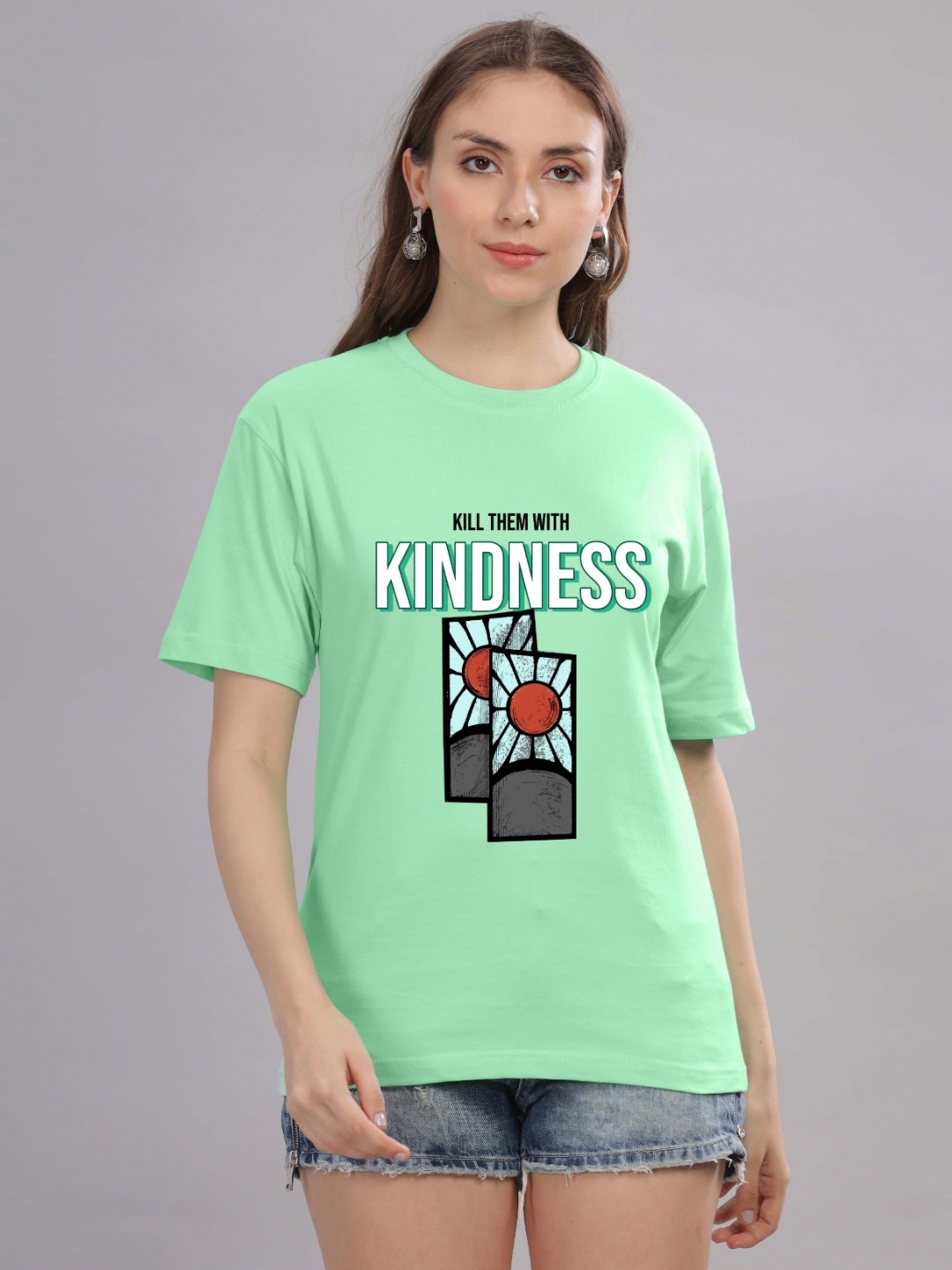 

FALTU.CO Women Printed Drop-Shoulder Sleeves Pure Cotton T-shirt, Sea green