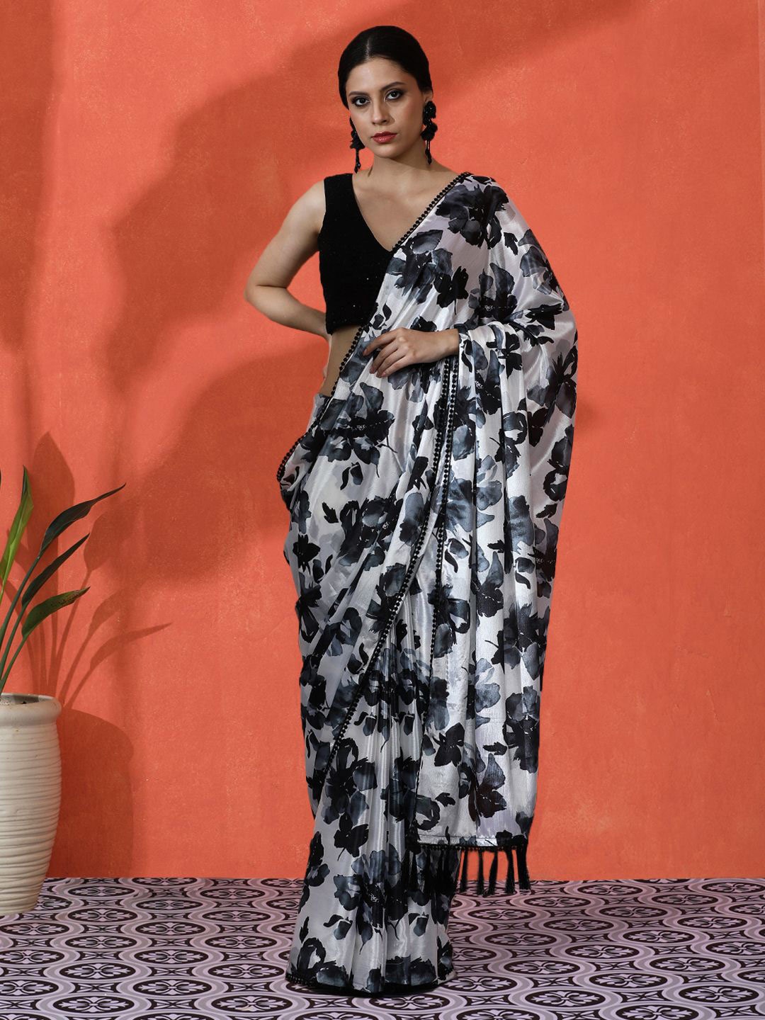 

Sangria Embellished Floral Printed Digital Printed Satin Saree With Blouse Piece, Black