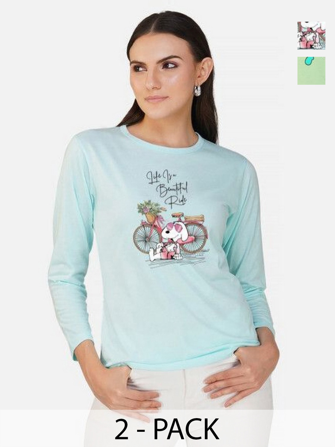 

Metronaut Women Pack of 2 Bio Finish Graphic Printed Round Neck Cotton T-shirts, Turquoise blue