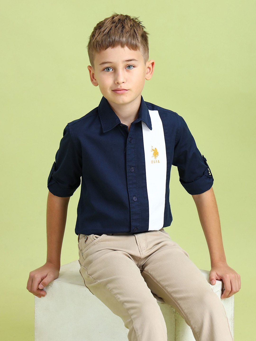 

U.S. Polo Assn. Kids Boys Colourblocked Pure Cotton Casual Shirt, Navy blue
